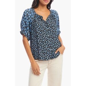 KAREN KANE Contrast Short Sleeve Button-Up Peasant Top Blue Women Size XL Casual